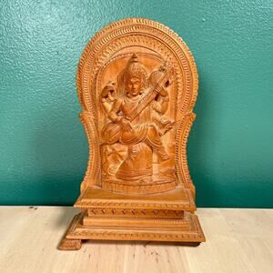 Vintage Hand Carved Wood Hindu Goddess Saraswati Figure Statue 7.5” See Note